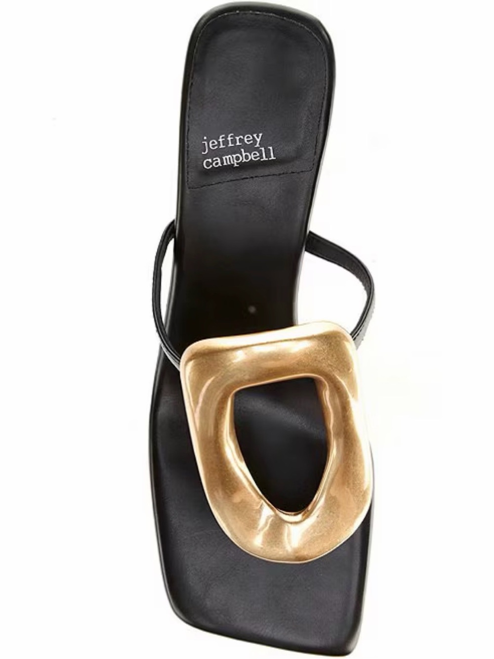 Jeffrey Campbell Black and Gold Linq Leather Ornamented Thong Sandal Heels - Picture 5 of 6